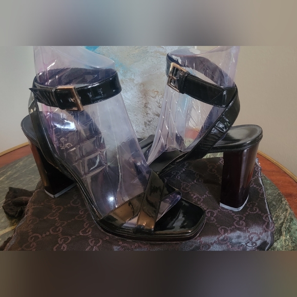 VINTAGE GUCCI TOM FORD BLACK PATENT LEATHER STRAPPY SANDALS 4" HEELS 9B - Picture 13 of 13